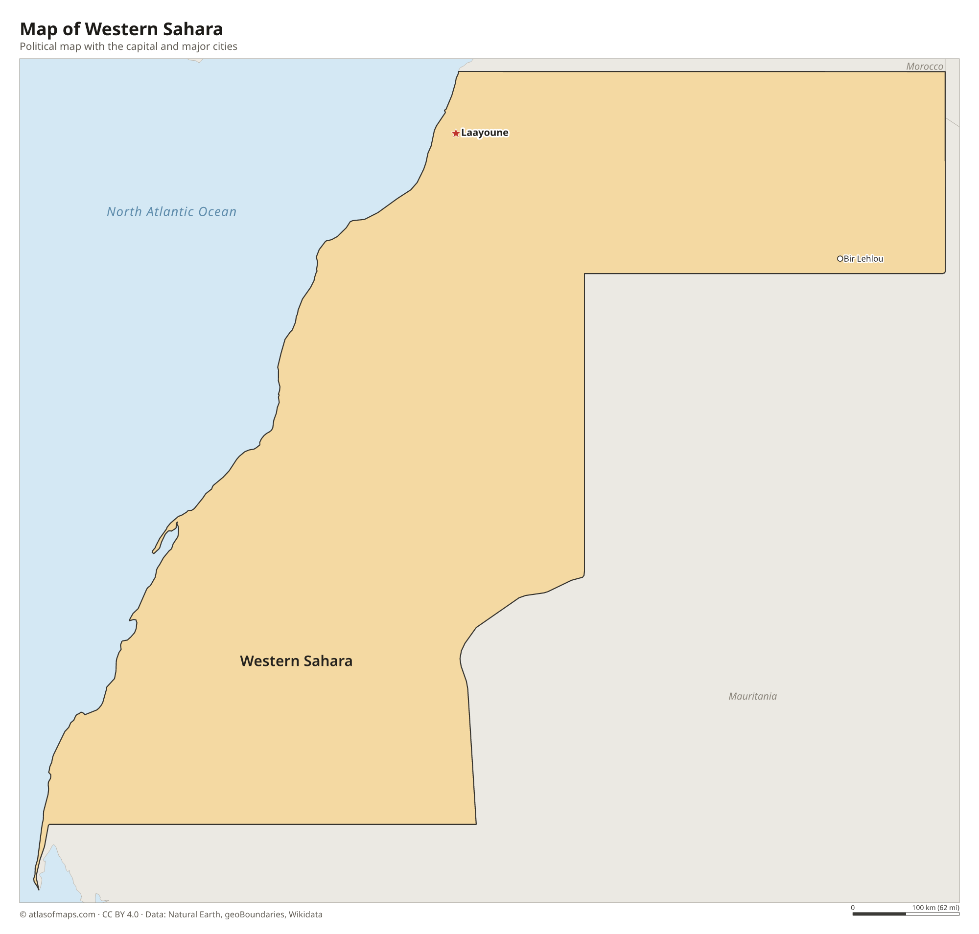 Political map of Western Sahara with the capital Laayoune
