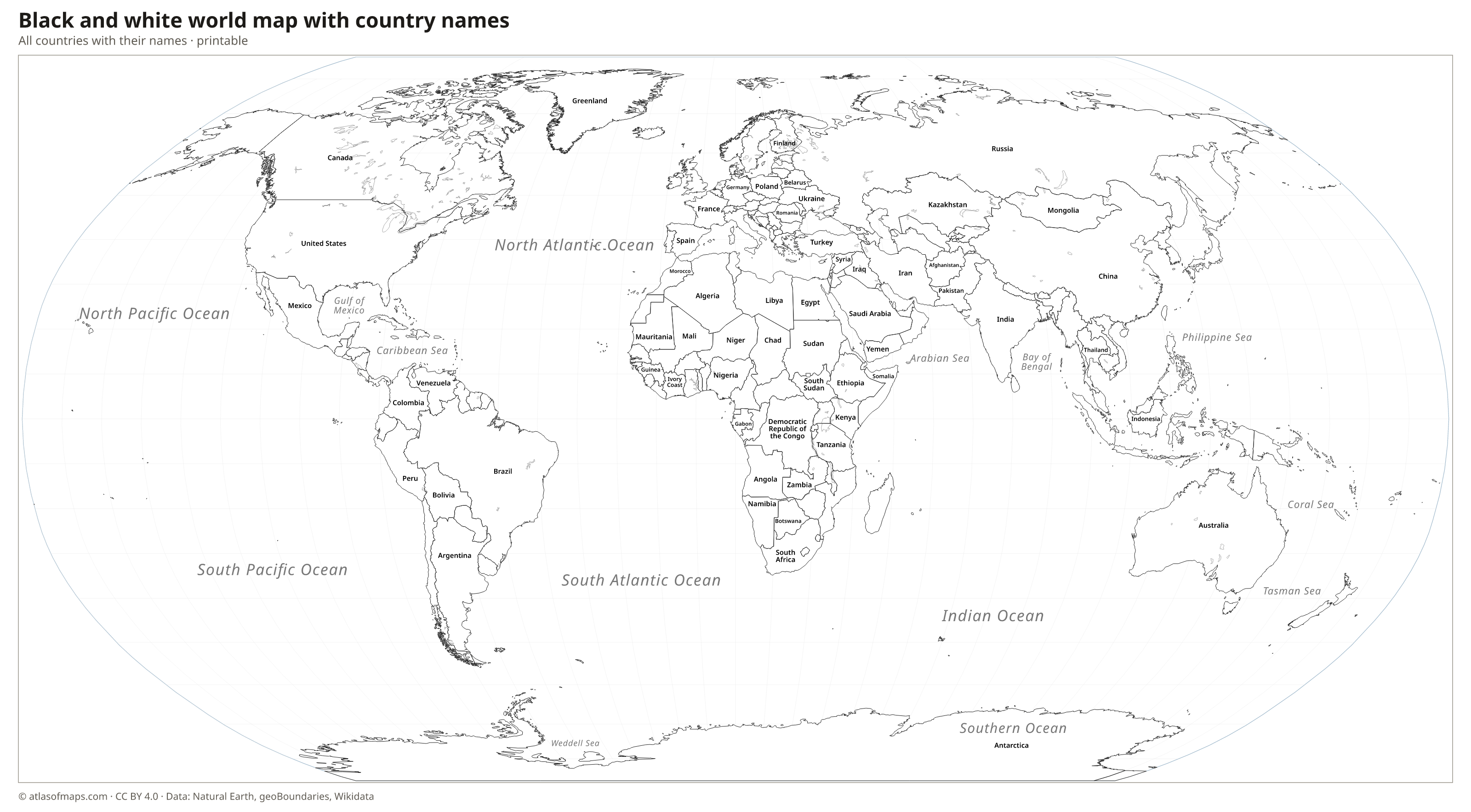 Black and white printable world map with country names