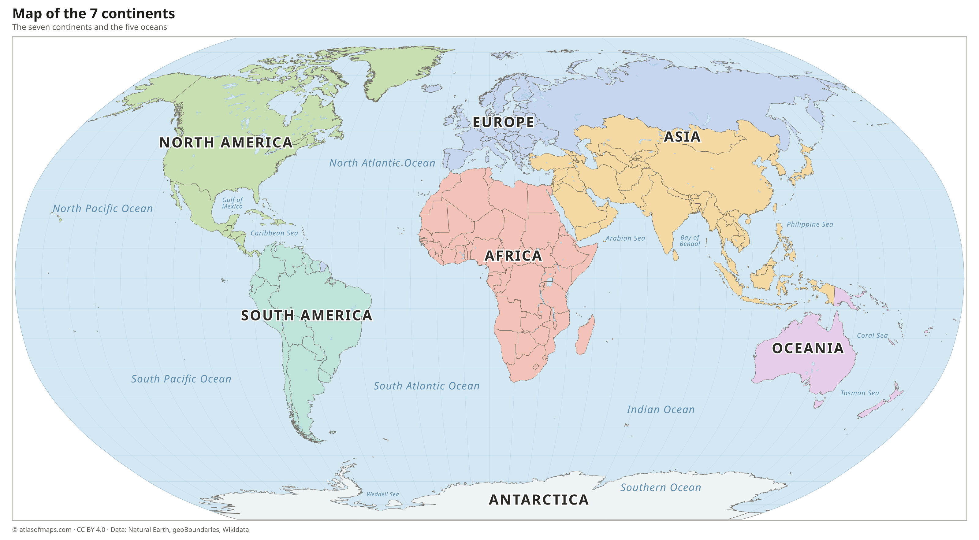 Map of the 7 continents of the world