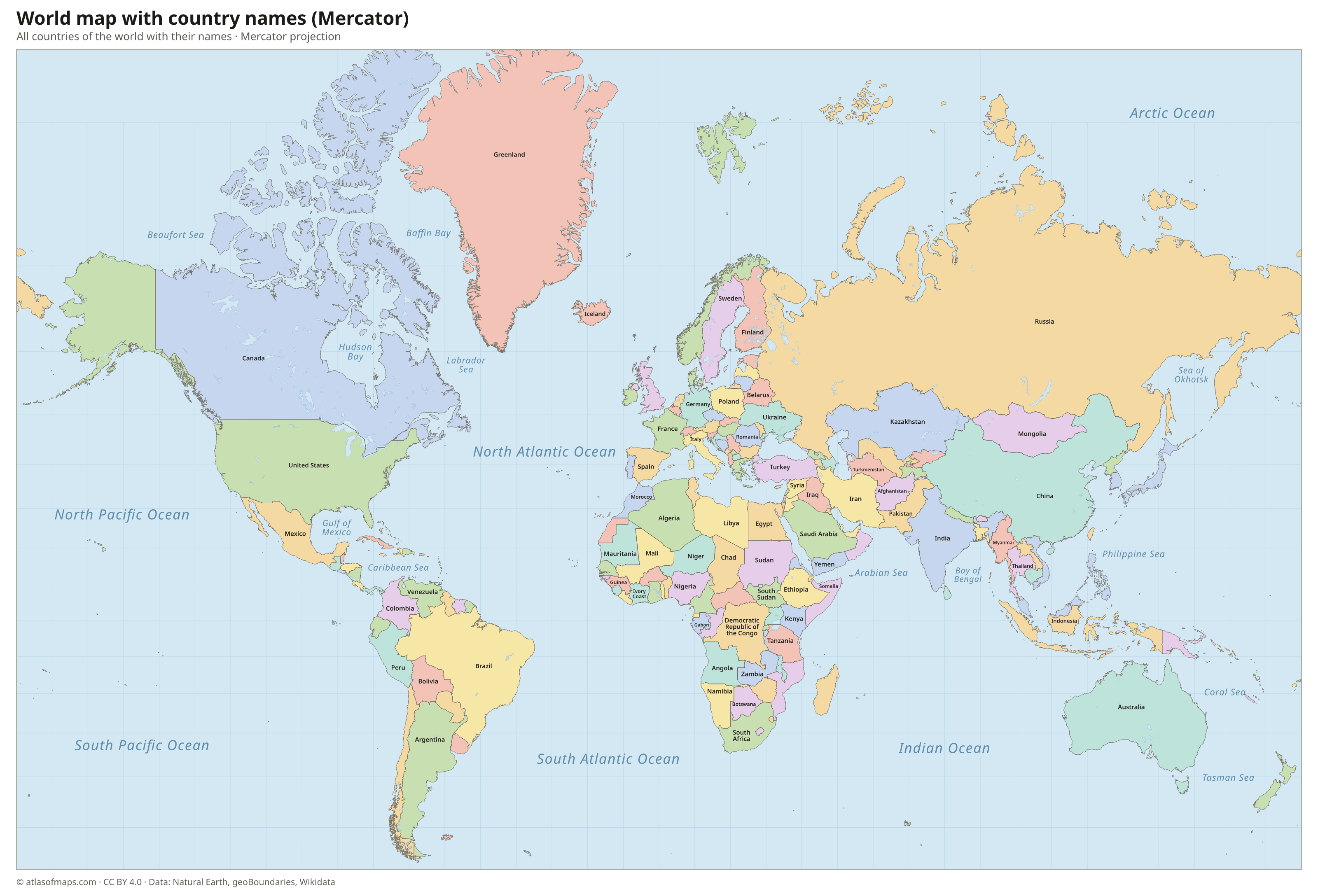 Political world map with country names in the Mercator projection