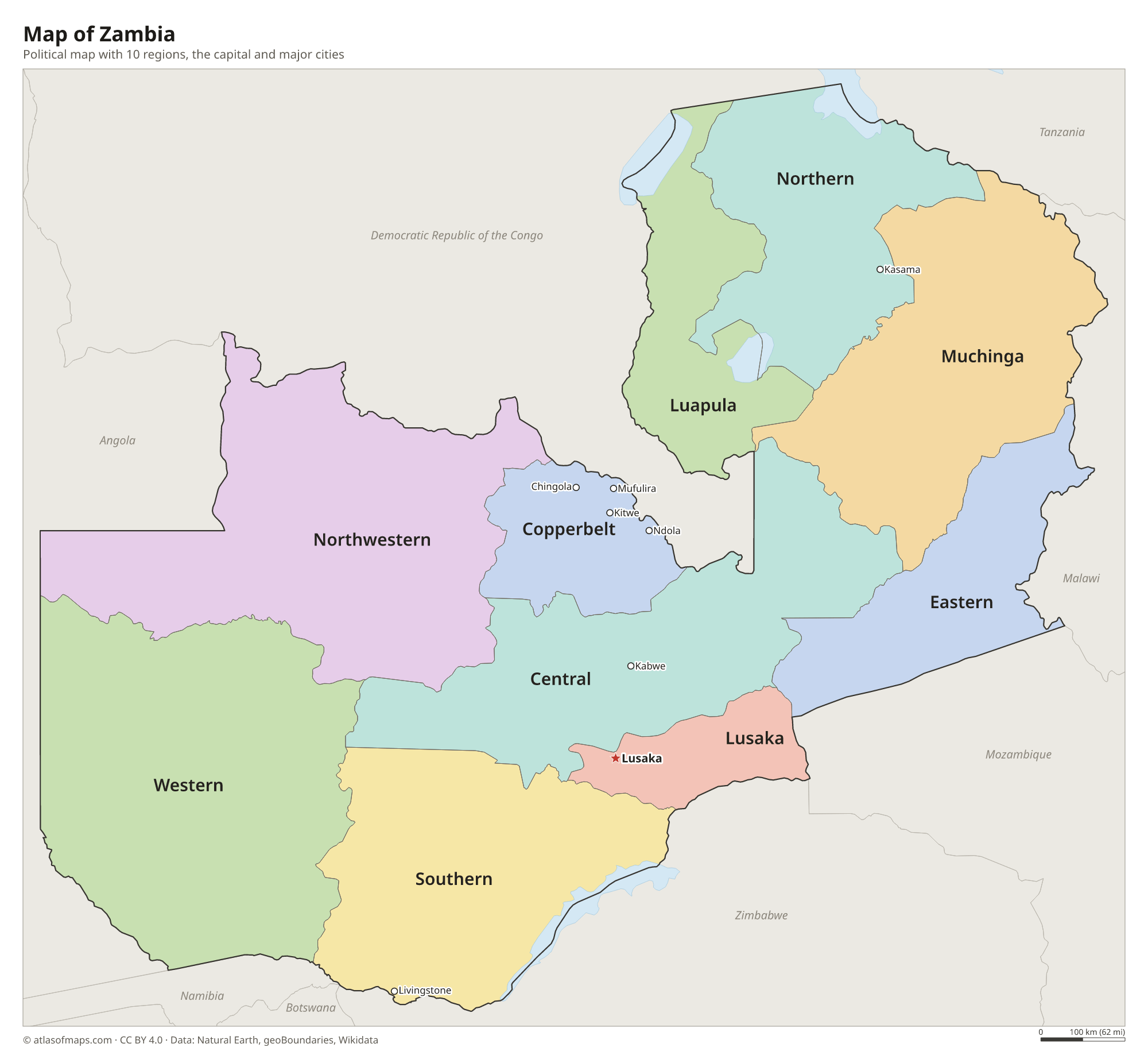 Political map of Zambia with its regions and the capital Lusaka