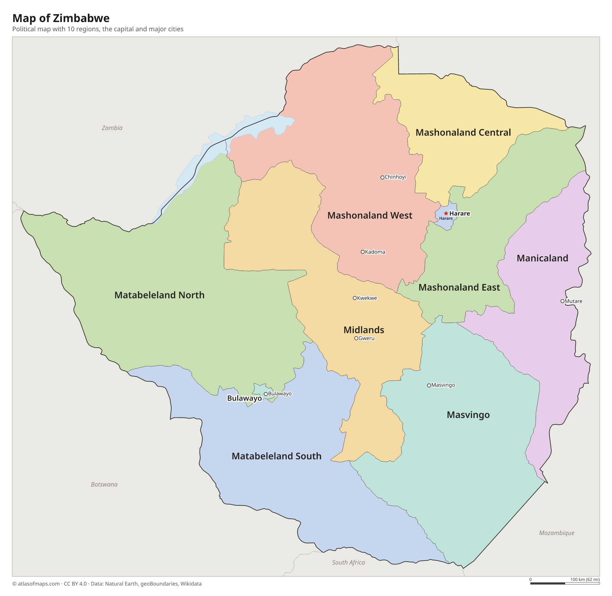 Political map of Zimbabwe with its regions and the capital Harare