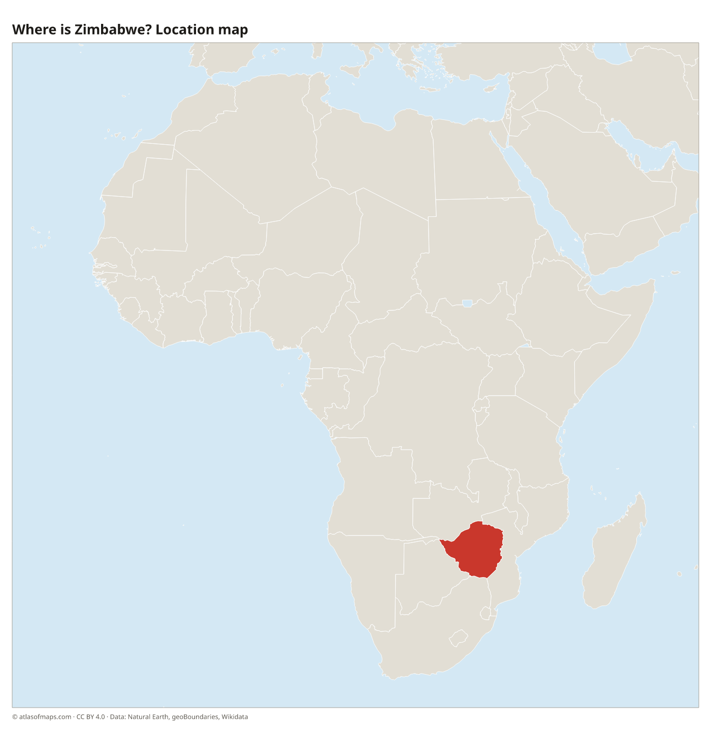 Where is Zimbabwe? Location map with Zimbabwe highlighted in red